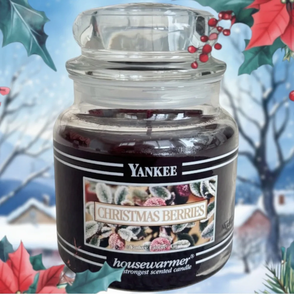Yankee Candle Jar Christmas Berries Vintage Black Band Burgundy Deep Red 14.5 Oz